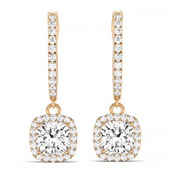 Cushion Shape Diamond Halo Dangling Earrings 14k Rose Gold (2.18ct)