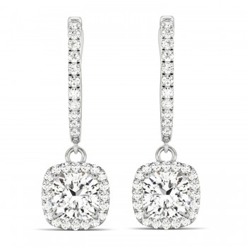 Cushion Shape Lab Diamond Halo Dangling Earrings 14k White Gold (2.18ct)