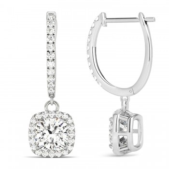 Cushion Shape Lab Diamond Halo Dangling Earrings 14k White Gold (2.18ct)