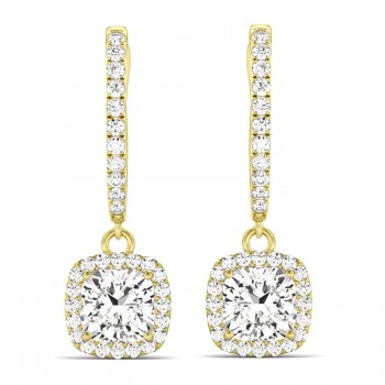 Cushion Shape Lab Diamond Halo Dangling Earrings 14k Yellow Gold (2.18ct)