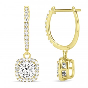 Cushion Shape Lab Diamond Halo Dangling Earrings 14k Yellow Gold (2.18ct)