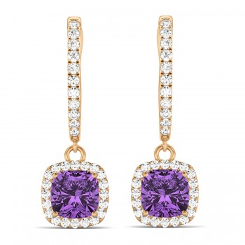 Cushion Lab Amethyst & Lab Diamond Halo Dangling Earrings 14k Rose Gold (2.20ct)