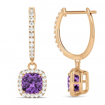 Cushion Lab Amethyst & Lab Diamond Halo Dangling Earrings 14k Rose Gold (2.20ct)