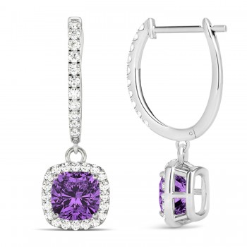 Cushion Lab Amethyst & Lab Diamond Halo Dangling Earrings 14k White Gold (2.20ct)