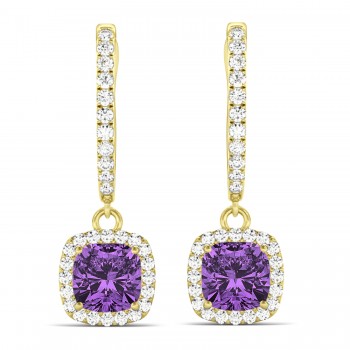 Cushion Lab Amethyst & Lab Diamond Halo Dangling Earrings 14k Yellow Gold (2.20ct)