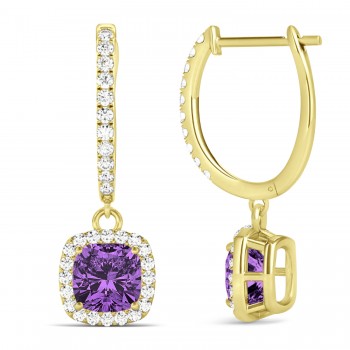 Cushion Lab Amethyst & Lab Diamond Halo Dangling Earrings 14k Yellow Gold (2.20ct)