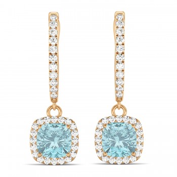 Cushion Lab Aquamarine & Lab Diamond Halo Dangling Earrings 14k Rose Gold (2.70ct)