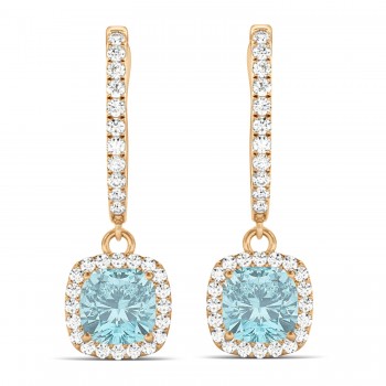 Cushion Aquamarine & Diamond Halo Dangling Earrings 14k Rose Gold (2.70ct)