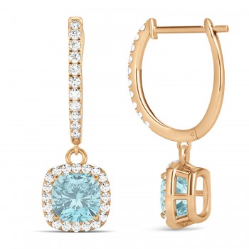 Cushion Aquamarine & Diamond Halo Dangling Earrings 14k Rose Gold (2.70ct)