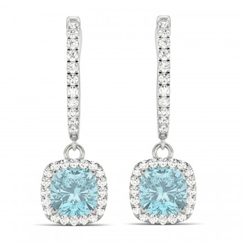 Cushion Lab Aquamarine & Lab Diamond Halo Dangling Earrings 14k White Gold (2.70ct)