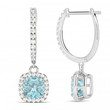 Cushion Aquamarine & Diamond Halo Dangling Earrings 14k White Gold (2.70ct)