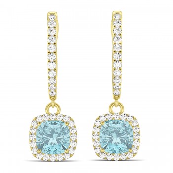 Cushion Lab Aquamarine & Lab Diamond Halo Dangling Earrings 14k Yellow Gold (2.70ct)