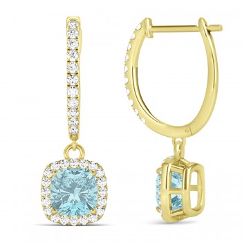 Cushion Lab Aquamarine & Lab Diamond Halo Dangling Earrings 14k Yellow Gold (2.70ct)