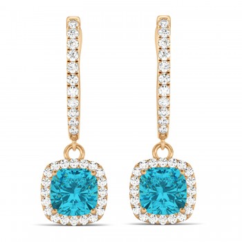Cushion Shape Blue Diamond & Diamond Halo Dangling Earrings 14k Rose Gold (2.18ct)