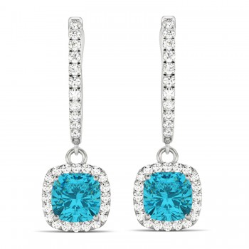 Cushion Shape Blue Diamond & Diamond Halo Dangling Earrings 14k White Gold (2.18ct)