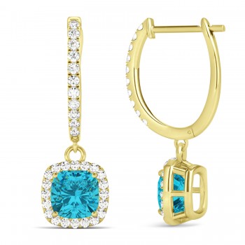 Cushion Shape Blue Diamond & Diamond Halo Dangling Earrings 14k Yellow Gold (2.18ct)