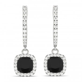 Cushion Shape Black Diamond & Diamond Halo Dangling Earrings 14k White Gold (2.18ct)