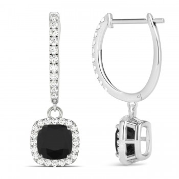 Cushion Shape Black Diamond & Diamond Halo Dangling Earrings 14k White Gold (2.18ct)