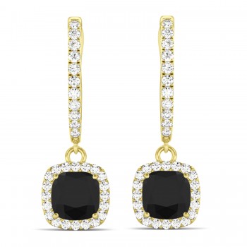 Cushion Shape Black Diamond & Diamond Halo Dangling Earrings 14k Yellow Gold (2.18ct)
