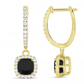 Cushion Shape Black Diamond & Diamond Halo Dangling Earrings 14k Yellow Gold (2.18ct)