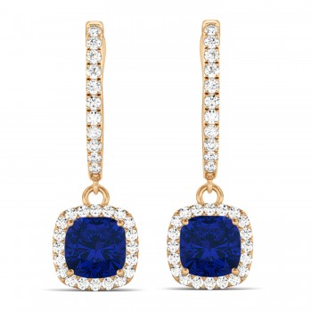 Cushion Lab Blue Sapphire & Lab Diamond Halo Dangling Earrings 14k Rose Gold (2.70ct)