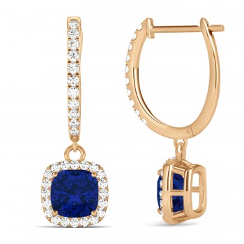 Cushion Lab Blue Sapphire & Lab Diamond Halo Dangling Earrings 14k Rose Gold (2.70ct)