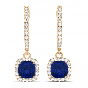 Cushion Blue Sapphire & Diamond Halo Dangling Earrings 14k Rose Gold (2.70ct)