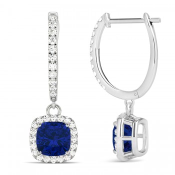 Cushion Lab Blue Sapphire & Lab Diamond Halo Dangling Earrings 14k White Gold (2.70ct)