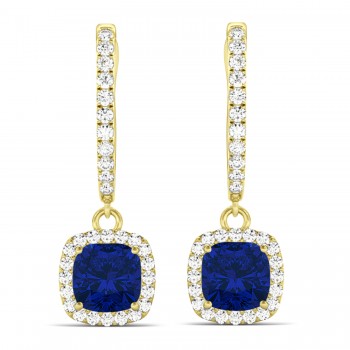 Cushion Lab Blue Sapphire & Lab Diamond Halo Dangling Earrings 14k Yellow Gold (2.70ct)