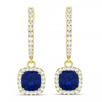 Cushion Blue Sapphire & Diamond Halo Dangling Earrings 14k Yellow Gold (2.70ct)