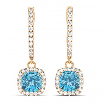 Cushion Blue Topaz & Diamond Halo Dangling Earrings 14k Rose Gold (3.00ct)