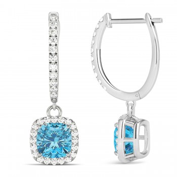 Cushion Lab Blue Topaz & Lab Diamond Halo Dangling Earrings 14k White Gold (3.00ct)