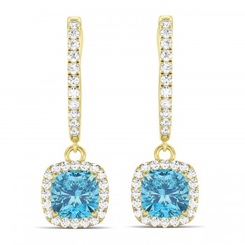 Cushion Lab Blue Topaz & Lab Diamond Halo Dangling Earrings 14k Yellow Gold (3.00ct)