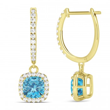 Cushion Lab Blue Topaz & Lab Diamond Halo Dangling Earrings 14k Yellow Gold (3.00ct)