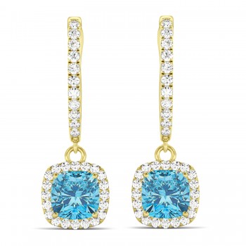 Cushion Blue Topaz & Diamond Halo Dangling Earrings 14k Yellow Gold (3.00ct)