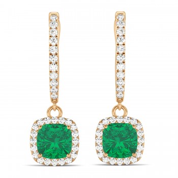 Cushion Lab Emerald & Lab Diamond Halo Dangling Earrings 14k Rose Gold (2.70ct)