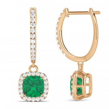 Cushion Emerald & Diamond Halo Dangling Earrings 14k Rose Gold (2.70ct)