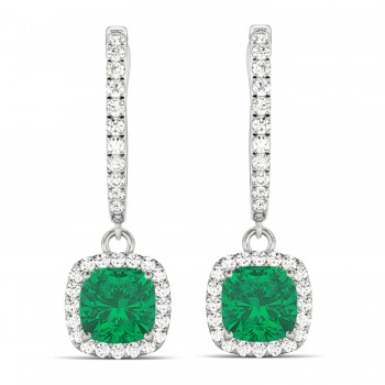 Cushion Lab Emerald & Lab Diamond Halo Dangling Earrings 14k White Gold (2.70ct)