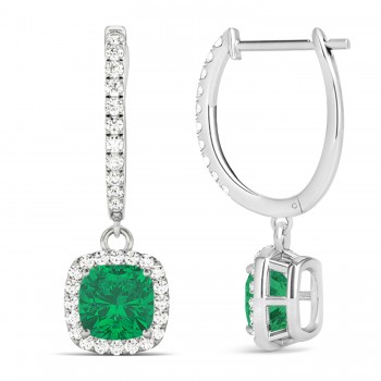 Cushion Lab Emerald & Lab Diamond Halo Dangling Earrings 14k White Gold (2.70ct)