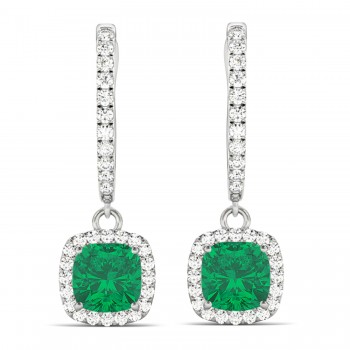 Cushion Emerald & Diamond Halo Dangling Earrings 14k White Gold (2.70ct)