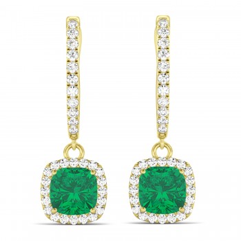 Cushion Lab Emerald & Lab Diamond Halo Dangling Earrings 14k Yellow Gold (2.70ct)