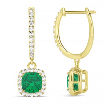 Cushion Lab Emerald & Lab Diamond Halo Dangling Earrings 14k Yellow Gold (2.70ct)