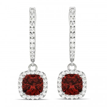 Cushion Garnet & Diamond Halo Dangling Earrings 14k White Gold (2.90ct)