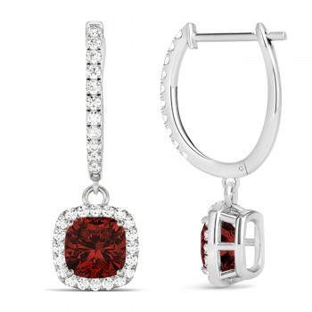 Cushion Garnet & Diamond Halo Dangling Earrings 14k White Gold (2.90ct)