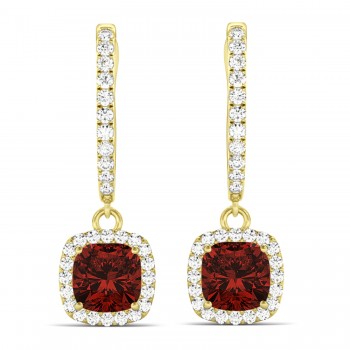 Cushion Garnet & Diamond Halo Dangling Earrings 14k Yellow Gold (2.90ct)