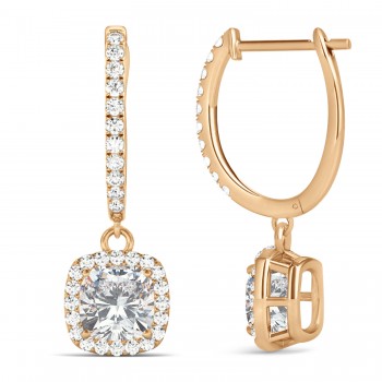 Cushion Moissanite & Diamond Halo Dangling Earrings 14k Rose Gold (2.70ct)