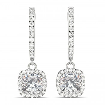 Cushion Moissanite & Diamond Halo Dangling Earrings 14k White Gold (2.70ct)