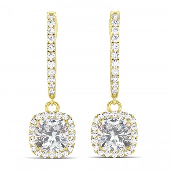 Cushion Moissanite & Diamond Halo Dangling Earrings 14k Yellow Gold (2.70ct)