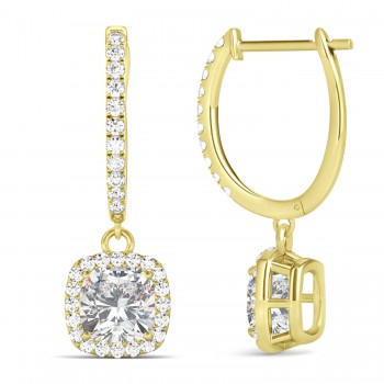 Cushion Moissanite & Diamond Halo Dangling Earrings 14k Yellow Gold (2.70ct)