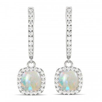 Cushion Opal & Diamond Halo Dangling Earrings 14k White Gold (2.90ct)